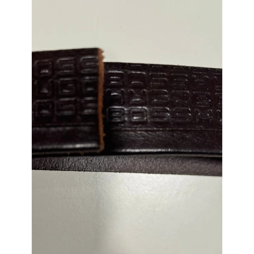 VTG 90s Hugo Boss Embossed Leather Belt Brown Logo Print Silver Buckle Sz 105-40